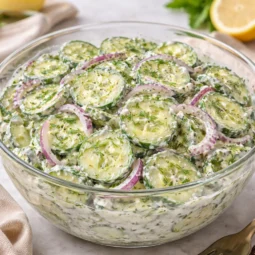 Salata od krastavaca s grčkim jogurtom, koprom i crvenim lukom u staklenoj zdjeli