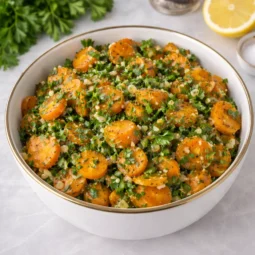 Salata od mrkve s peršinom, češnjakom i začinima servirana u zdjeli, gotov recept