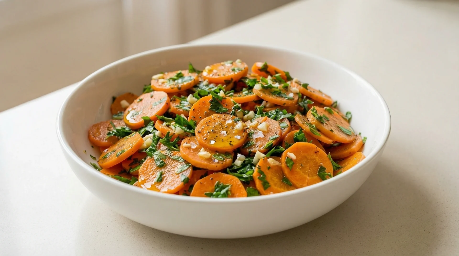 Salata od mrkve s peršinom i maslinovim uljem poslužena u bijeloj zdjeli