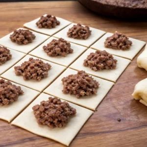 Porcije mljevenog mesa raspoređene na kvadratima lisnatog tijesta prije oblikovanja