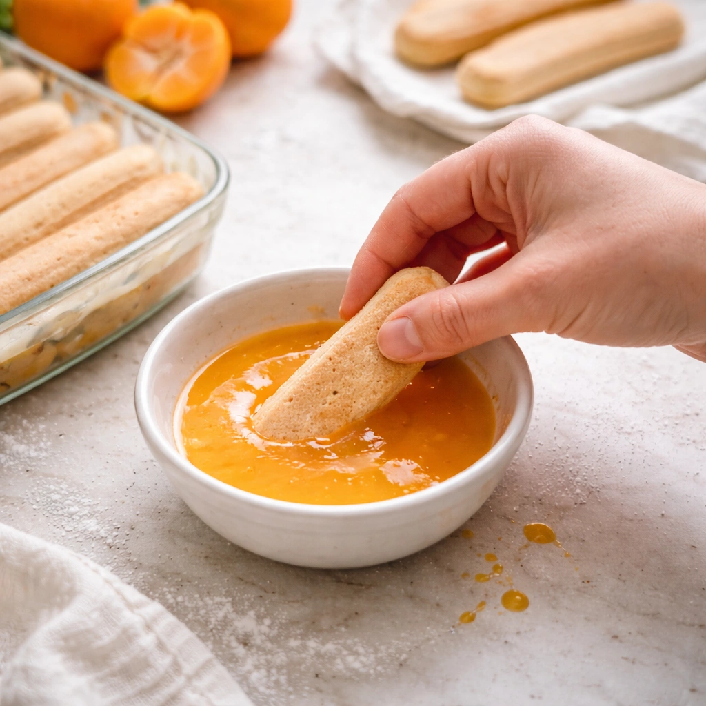 Umakanje piškota u svježi mandarinski sok za tiramisu od mandarina bez pečenja