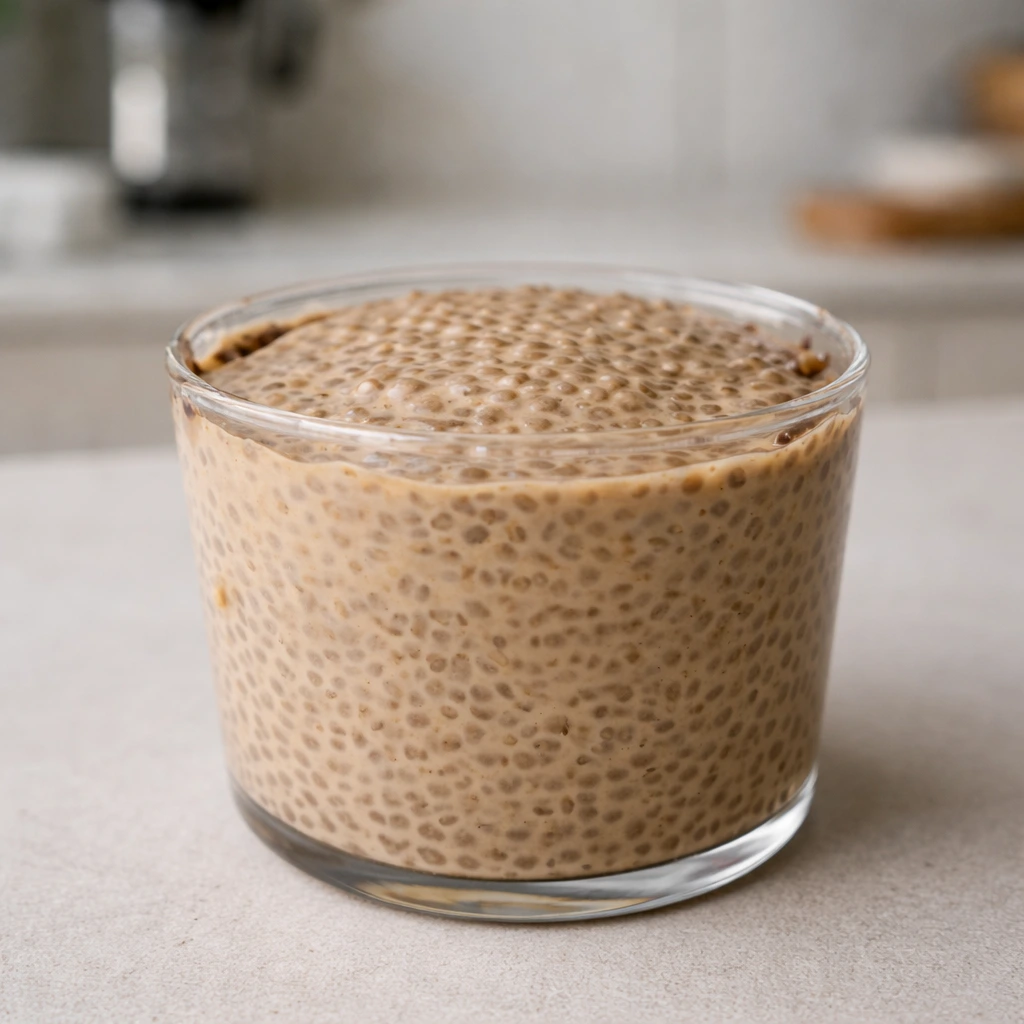 Kafa chia puding u staklenoj čaši s ravnomjerno raspoređenim chia sjemenkama