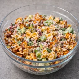 Hrskava pasta salata s krastavcima, crvenim lukom i kremastim umakom u staklenoj zdjeli na sivoj radnoj površini