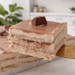 Kinder keks kocke bez pečenja s mascarpone kremom i čokoladnim ganašem, krupni prikaz slojeva u minimalističkoj bijeloj kuhinji