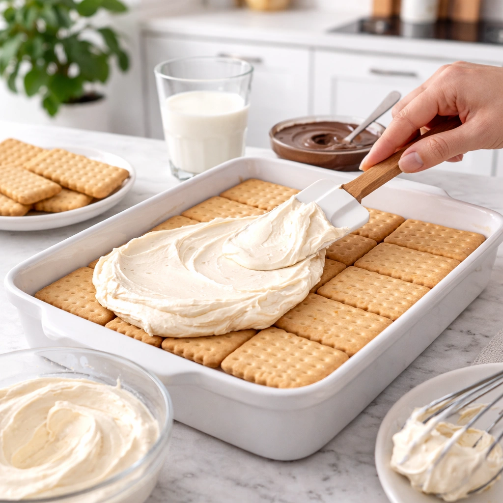 Raspoređivanje kremaste mascarpone smjese preko sloja petit keksa u četvrtastoj posudi tijekom slaganja kolača bez pečenja