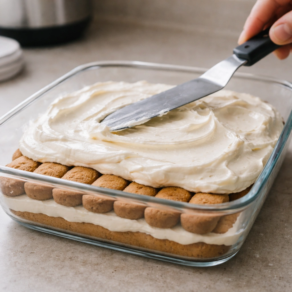Slaganje tiramisua bez jaja u staklenoj posudi, s redom piškota natopljenih kavom i gustim slojem mascarpone kreme