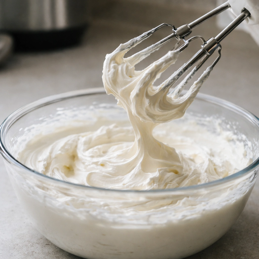 Gusta mascarpone krema za tiramisu bez jaja nakon miksanja, s vidljivim stabilnim vrhovima na metlicama miksera