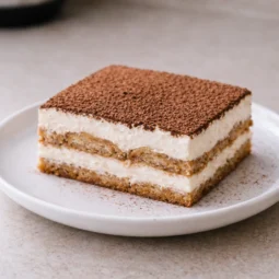 Komad tiramisua bez jaja s vidljivim slojevima mascarpone kreme i piškota natopljenih kavom, posut kakaom na bijelom tanjuru