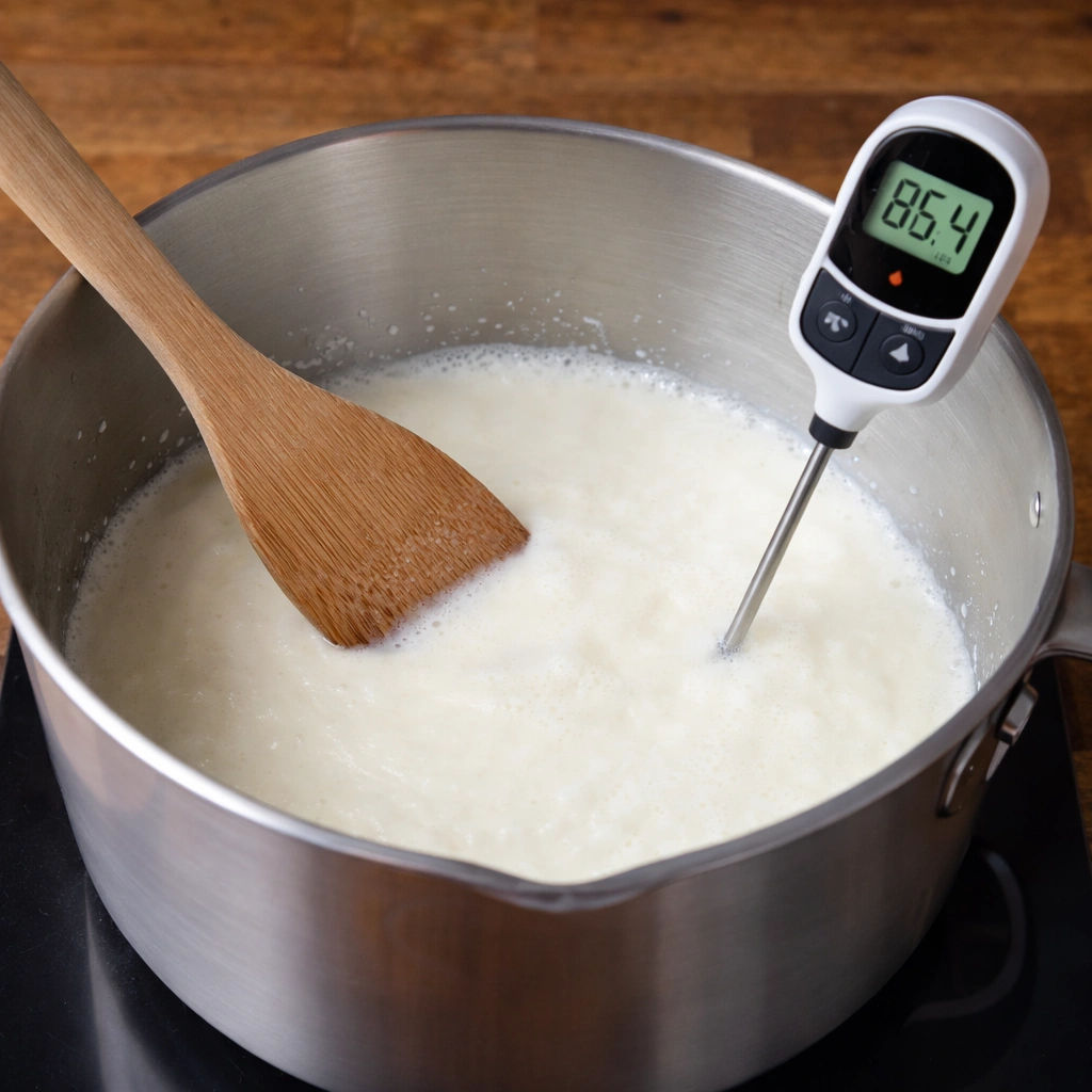 Zagrijavanje mliječne smjese u loncu uz stalno miješanje drvenom špatulom i kontrolu temperature kuhinjskim termometrom