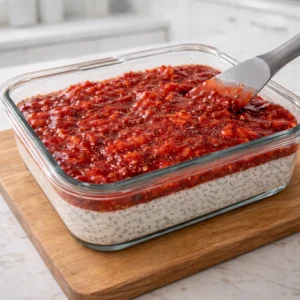 Premazivanje džema od jagoda preko chia cheesecake baze u posudi