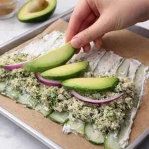 Pileća salata i avokado raspoređeni preko tanko narezanog krastavca.