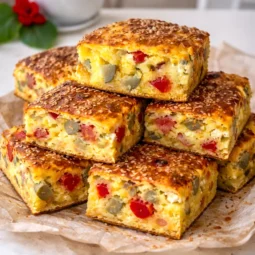 Narezani komadi domaće slane pite s palentom, paprikom i krastavcima složeni jedan na drugi - fit carska pita.