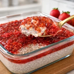 Žlica s chia cheesecakeom i džemom od jagoda koja pokazuje kremastu strukturu
