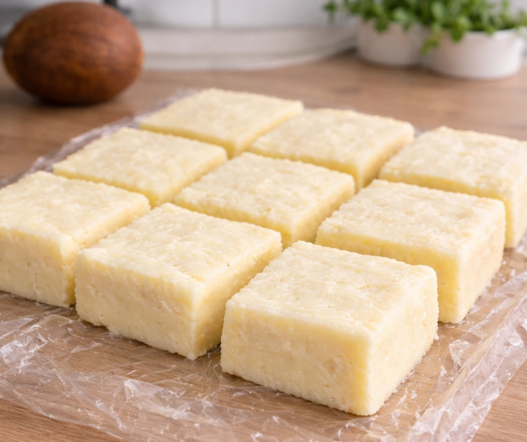 Kremasta smjesa narezana na uredne kocke na podlozi.
