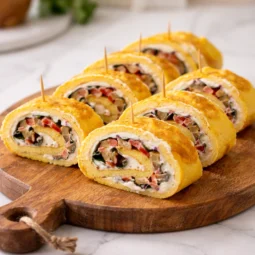 Povrtna omlet rolada narezana na uredne komade i poslužena na drvenoj dasci.