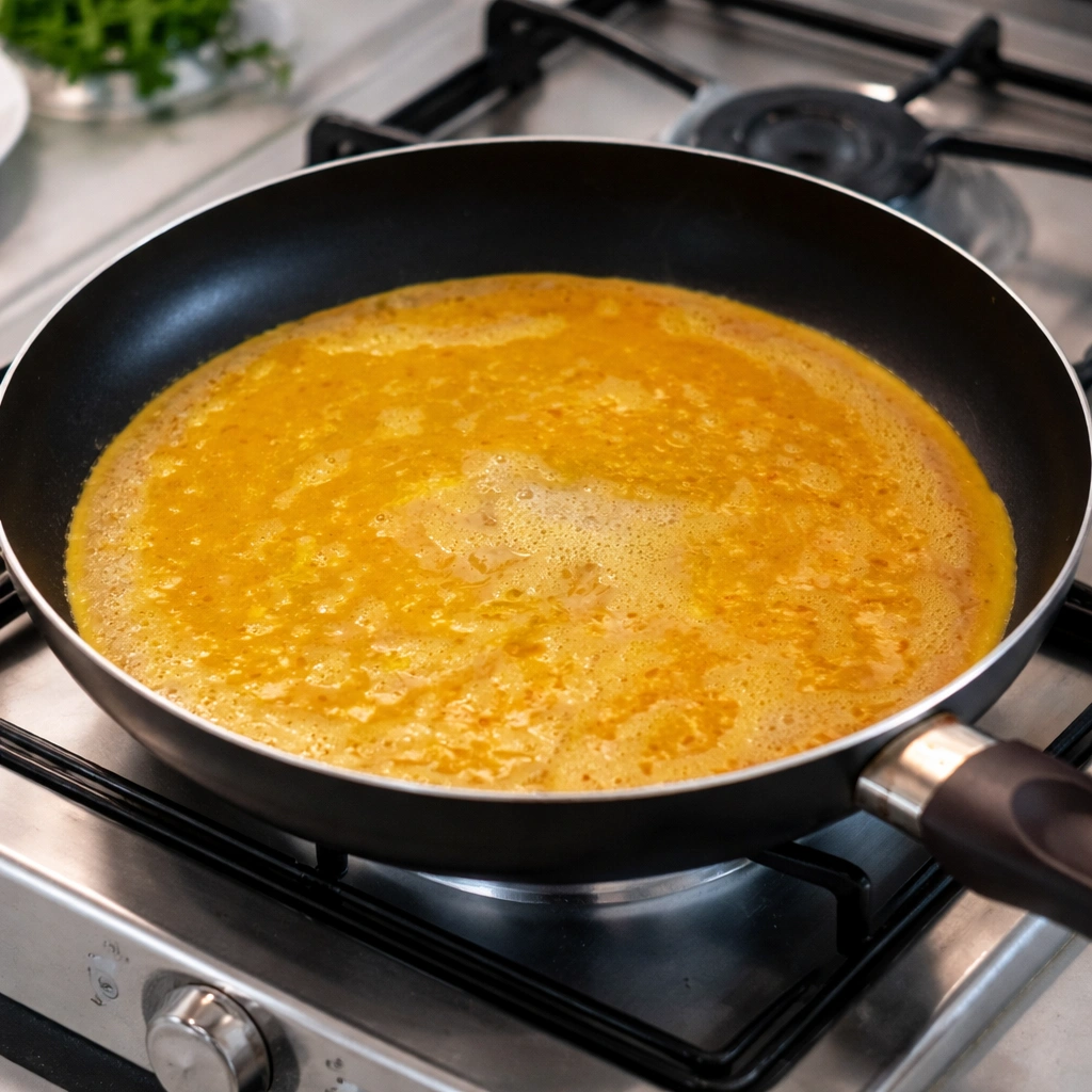 Priprema tankog omleta u tavi kao baza za povrtnu omlet roladu.