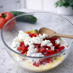 Zdjela s jajima, jogurtom, paprikom i feta sirom prije miješanja smjese za pitu