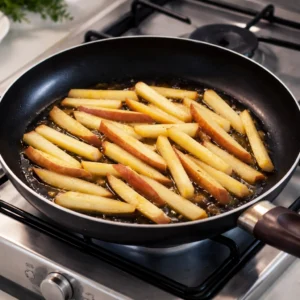 Krumpir narezan na štapiće prži se na tavi za povrtnu omlet roladu.