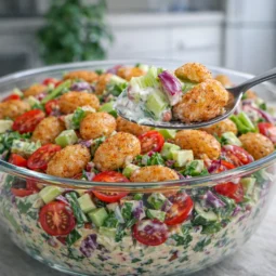 Žlica sa pečenim njokama, povrćem i kremastim jogurt preljevom iz zdjele salate.