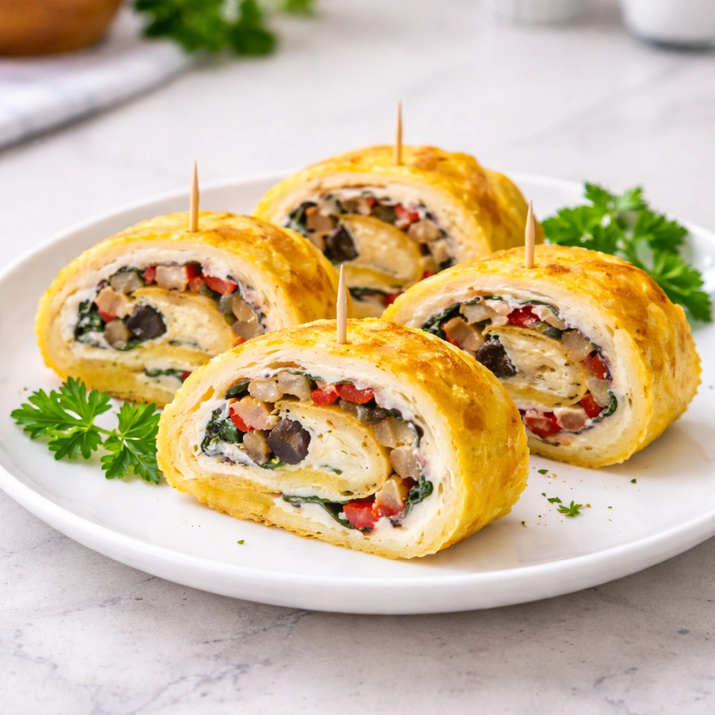 Komadi povrtne omlet rolade servirani na bijelom tanjuru s vidljivim slojevima punjenja.