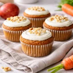 Zdravi muffini od mrkve s kremom na krpi uz jabuku i svježu mrkvu