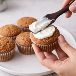 Nanošenje krem sira na zdravi muffin od mrkve uz pomoć špatule.