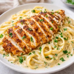 Kremasta piletina s tjesteninom u bogatom alfredo umaku od vrhnja i parmezana, servirana s tagliatelle tjesteninom i posuta svježim peršinom