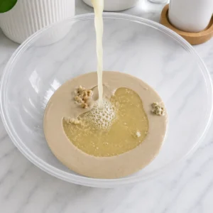 Dodavanje tekućine u tahini smjesu u plastičnoj zdjeli tokom pripreme umaka
