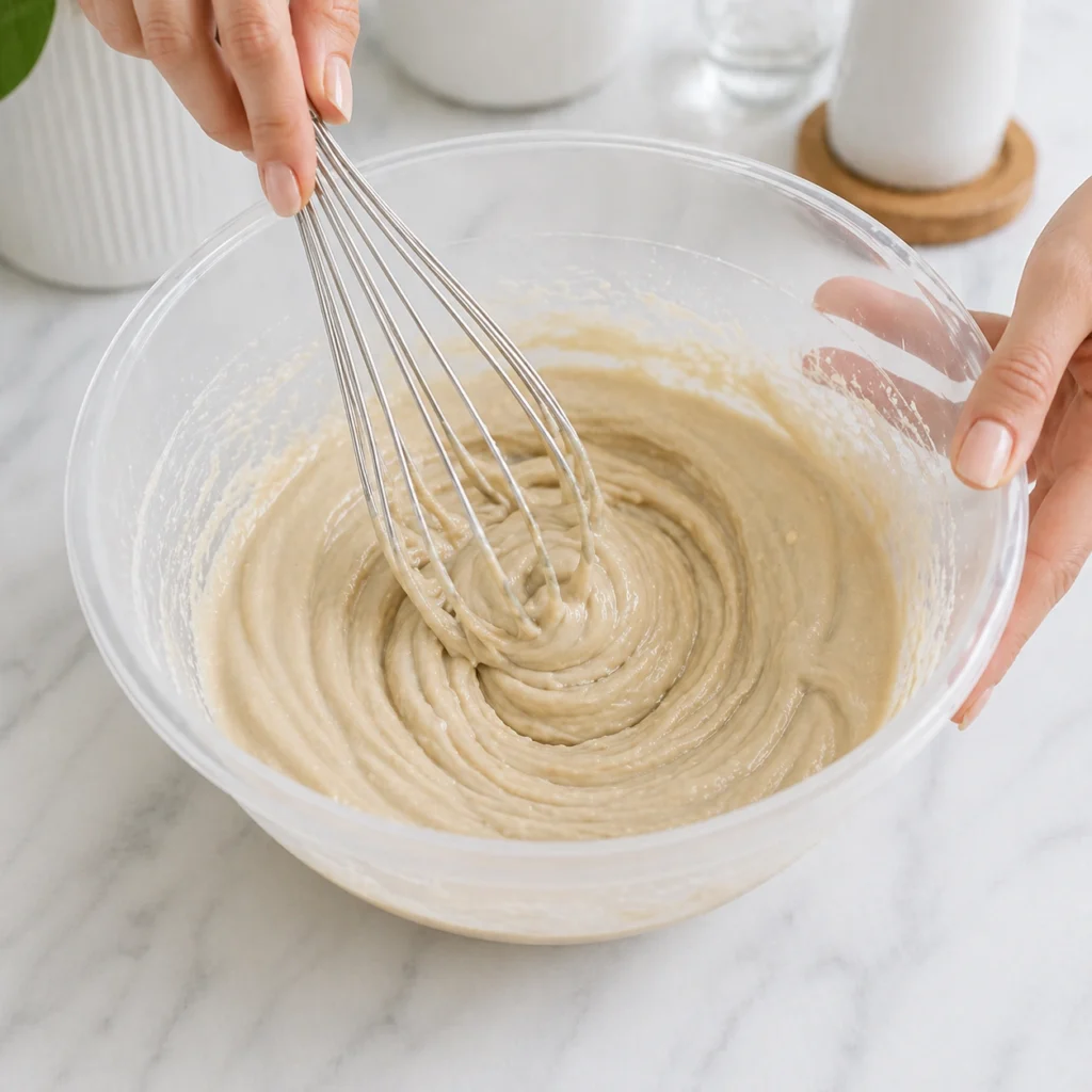Miješanje tahini umaka u plastičnoj zdjeli dok se postiže gusta i kremasta struktura