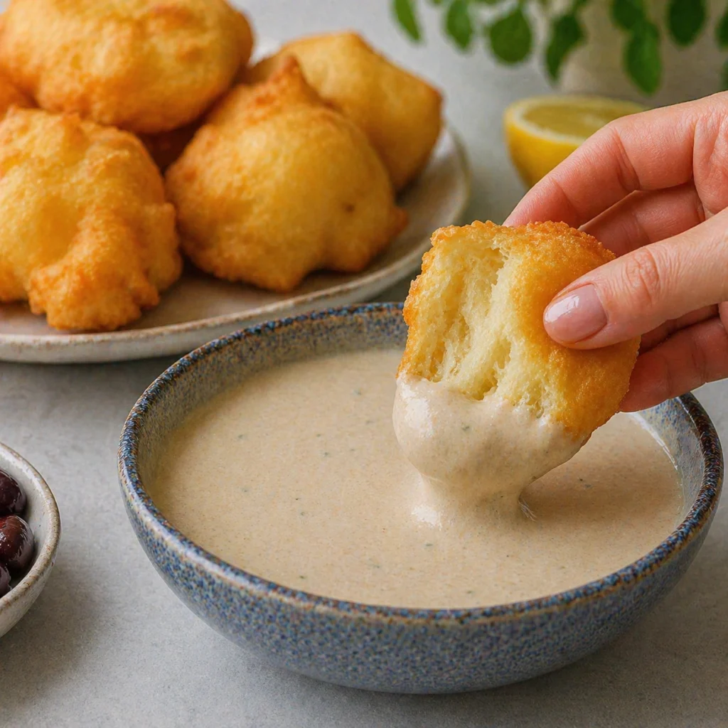 Komad uštipka umočen u tahini umak koji se hvata za površinu i ostaje kremast