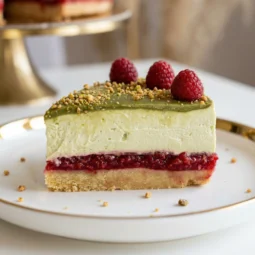 Cheesecake s malinama i pistacijama bez pečenja, kremasti sloj mascarpone kreme i voćni fil od malina na podlozi od keksa