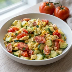 Kremasta pileća salata s grčkim jogurtom, kukuruzom, krastavcem i rajčicama u zdjeli.