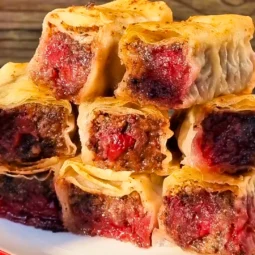 Baklavice s čokoladom, orasima i višnjama - presjek rolanih mini baklava sa zlatnom korom
