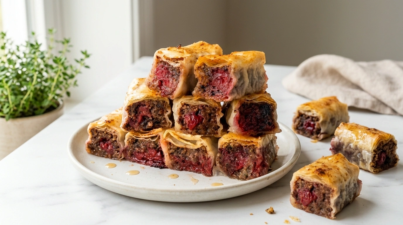Baklavice s čokoladom, orasima i višnjama - rolane mini baklave s presjekom na bijelom tanjuru