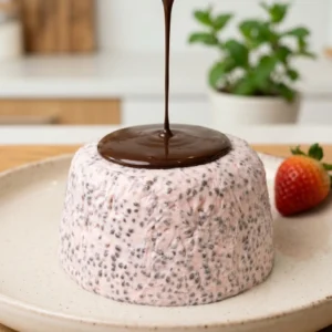Chia puding s jagodama preliven tamnom čokoladom na krem tanjuru