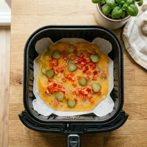 Kolutići kornišona i kockice crvene paprike raspoređeni po smjesi jaja u košari airfryera