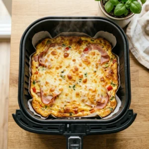 Pečeni omlet sa zlatno zapečenim sirom i parom koja se diže, svjež iz airfryera u košari