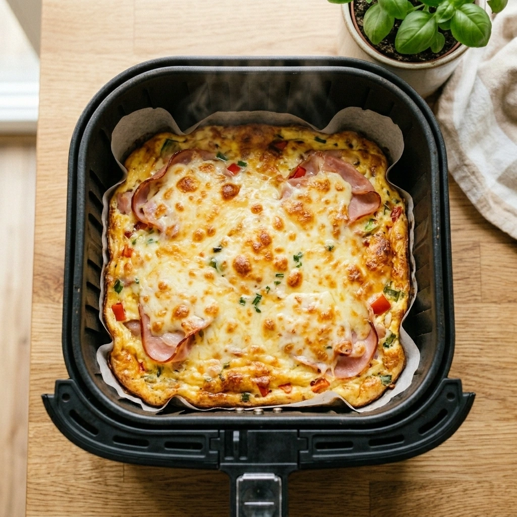 Pečeni omlet sa zlatno zapečenim sirom i parom koja se diže, svjež iz airfryera u košari