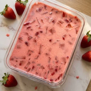 Pripremljena smjesa jogurt žele deserta s jagodama u staklenoj posudi spremna za hladnjak