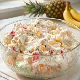 Velika staklena zdjela kremaste voćne salate na obiteljskom stolu uz svježi ananas i banane