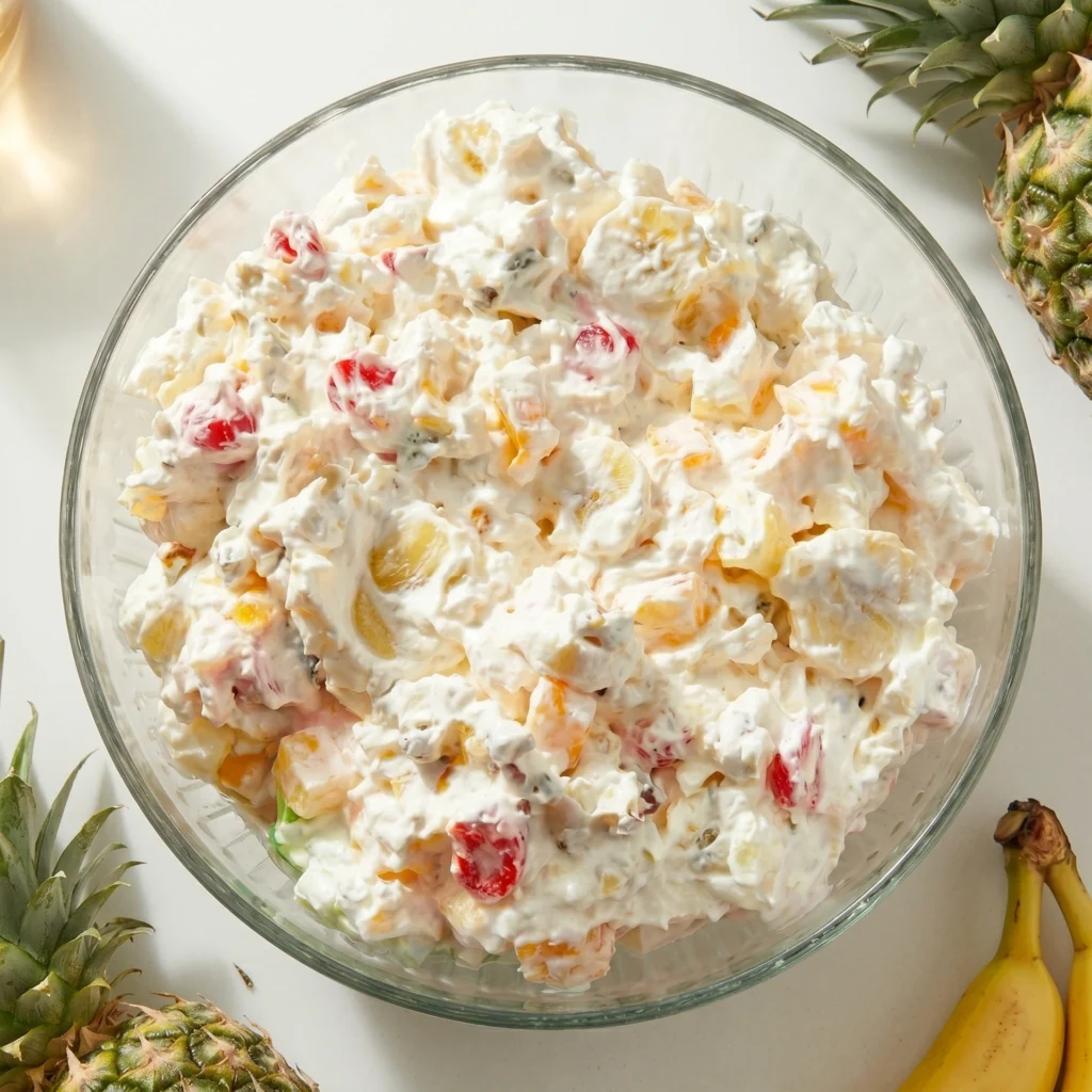 Kremasta voćna salata s krem sirom, ananasom, bananama i maraschino trešnjama u staklenoj zdjeli pogled odozgo