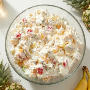 Kremasta voćna salata s krem sirom, ananasom, bananama i maraschino trešnjama u staklenoj zdjeli pogled odozgo