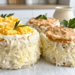 Krupni kadar predjela od patišpanja obloženog naribanim sirom s vrhom od žumanjka