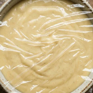 Skuhani vanilin puding u keramičkoj zdjeli prekriven prozirnom folijom koja dodiruje cijelu površinu, snimljeno odozgo