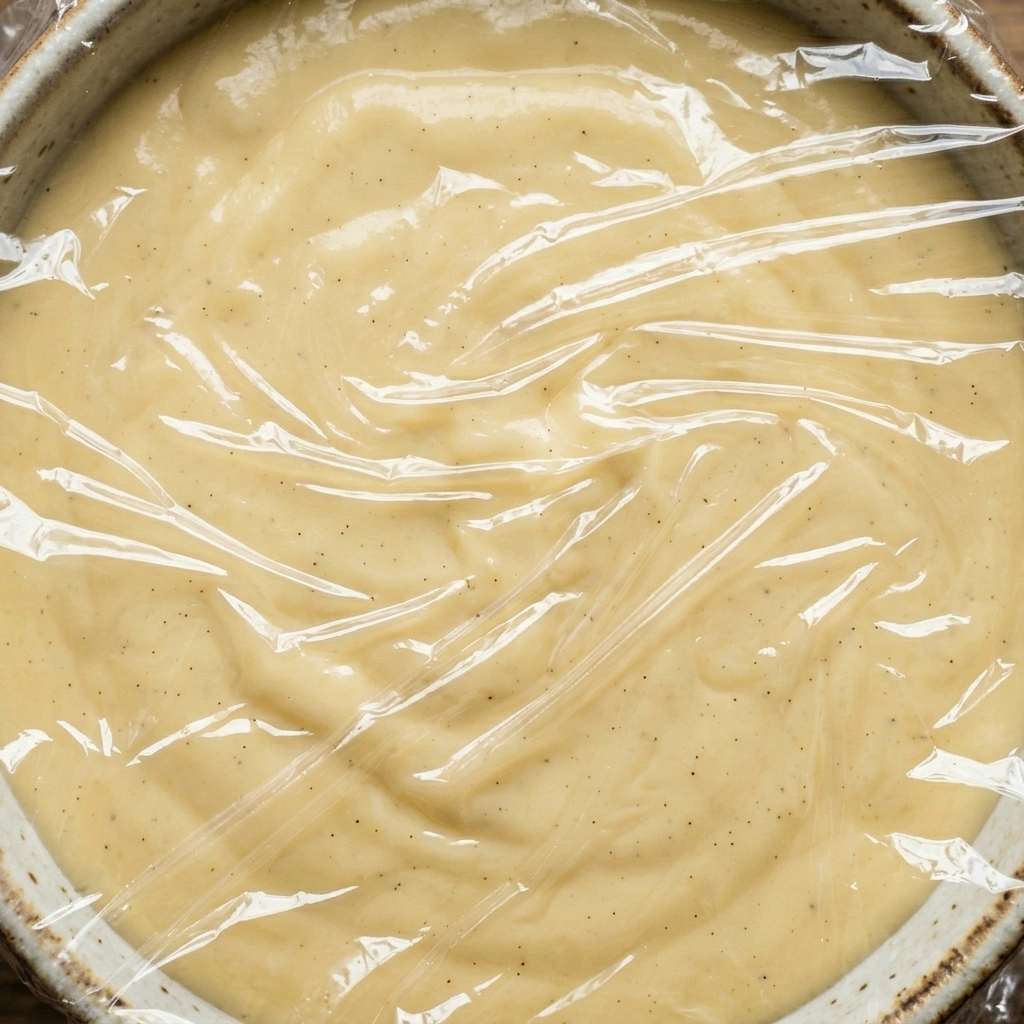 Skuhani vanilin puding u keramičkoj zdjeli prekriven prozirnom folijom koja dodiruje cijelu površinu, snimljeno odozgo