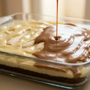Prelijevanje toplog čokoladnog ganachea preko kremastog fila s bananama u staklenoj posudi - formiranje gornjeg čokoladnog sloja