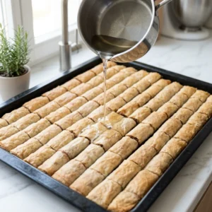 Prelijevanje vrelih pečenih baklavica ohlađenim šećernim sirupom iz lončića od nehrđajućeg čelika