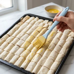 Premazivanje poslaganih baklavica u tepsiji otopljenim maslacem silikonskim kistićem prije pečenja