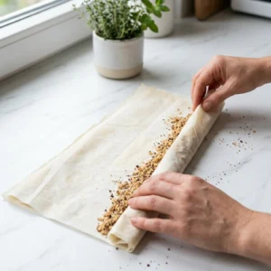 Dvije ruke rolaju koru za baklavu preko linije fila od oraha keksa i čokolade na mramornoj površini
