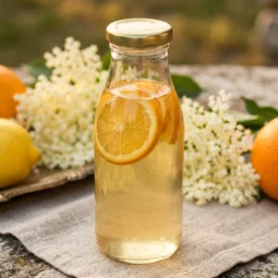 Domaći sirup od bazge u staklenoj boci s kriškama limuna i naranče